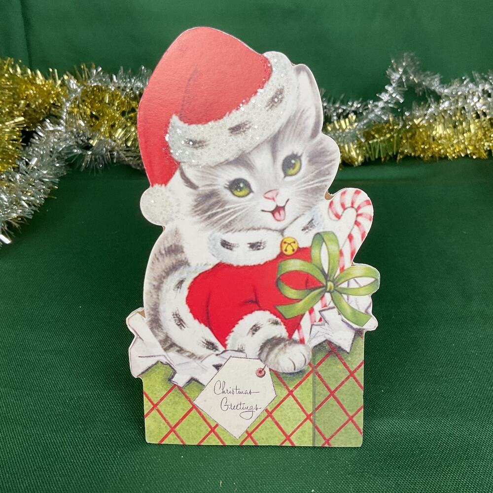 Vintage Style Christmas Kitten Shelf Sitter - Retro Cat in Santa Hat Decor